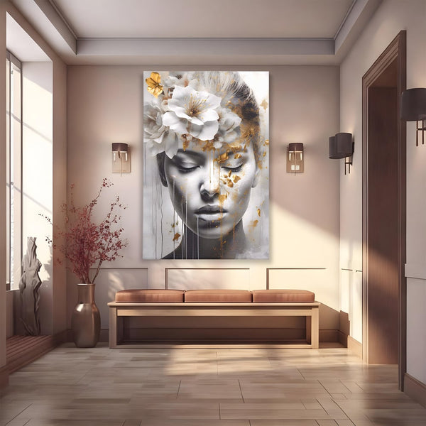 Tablou Canvas Premium LuxCanva® A1467, Chip Infloritor , Living, Fata, Flori, Linii Aurii, Decorativ, Room, Culori Vibrante
