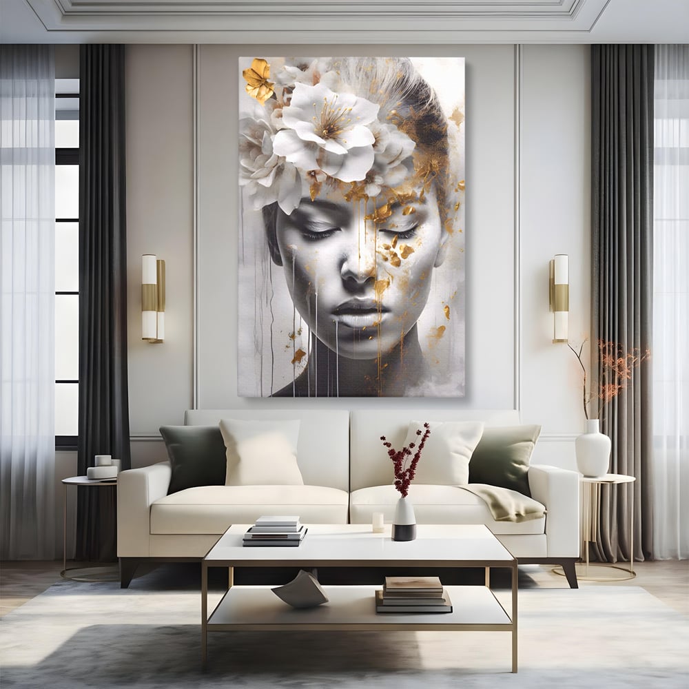 Tablou Canvas Premium LuxCanva® A1467, Chip Infloritor , Living, Fata, Flori, Linii Aurii, Decorativ, Room, Culori Vibrante