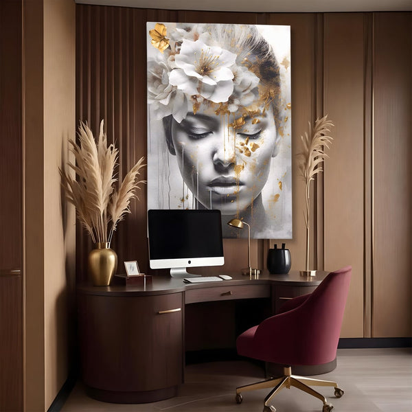 Tablou Canvas Premium LuxCanva® A1467, Chip Infloritor , Living, Fata, Flori, Linii Aurii, Decorativ, Room, Culori Vibrante