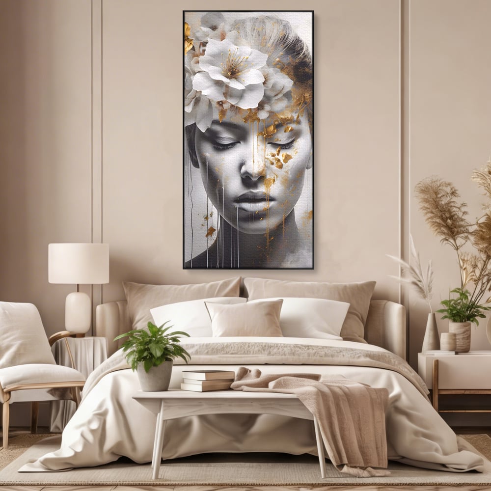 Tablou Canvas Premium LuxCanva® A1467, Chip Infloritor , Living, Fata, Flori, Linii Aurii, Decorativ, Room, Culori Vibrante