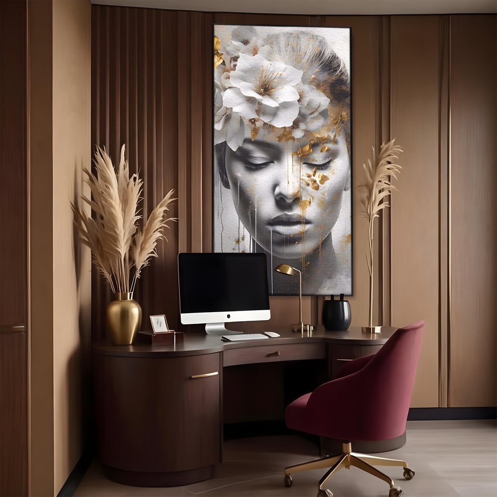 Tablou Canvas Premium LuxCanva® A1467, Chip Infloritor , Living, Fata, Flori, Linii Aurii, Decorativ, Room, Culori Vibrante