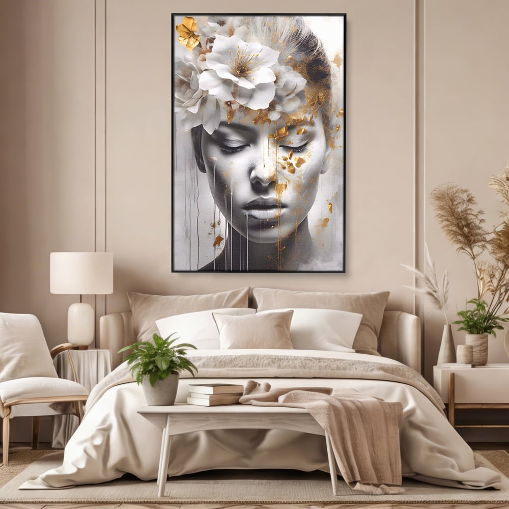 Tablou Canvas Premium LuxCanva® A1467, Chip Infloritor , Living, Fata, Flori, Linii Aurii, Decorativ, Room, Culori Vibrante