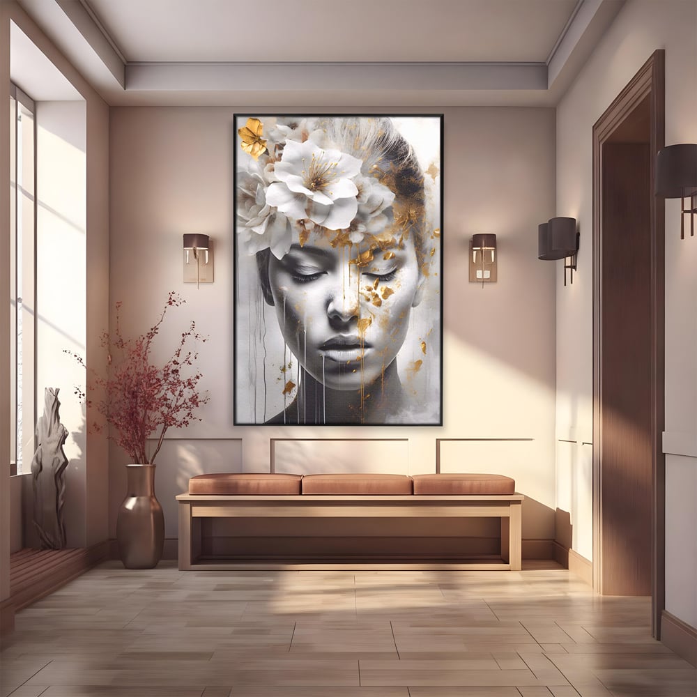 Tablou Canvas Premium LuxCanva® A1467, Chip Infloritor , Living, Fata, Flori, Linii Aurii, Decorativ, Room, Culori Vibrante