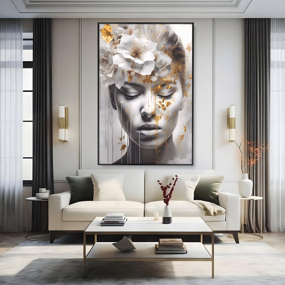 Tablou Canvas Premium LuxCanva® A1467, Chip Infloritor , Living, Fata, Flori, Linii Aurii, Decorativ, Room, Culori Vibrante