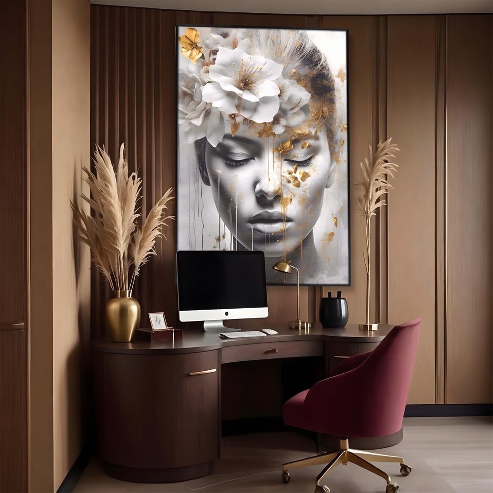 Tablou Canvas Premium LuxCanva® A1467, Chip Infloritor , Living, Fata, Flori, Linii Aurii, Decorativ, Room, Culori Vibrante
