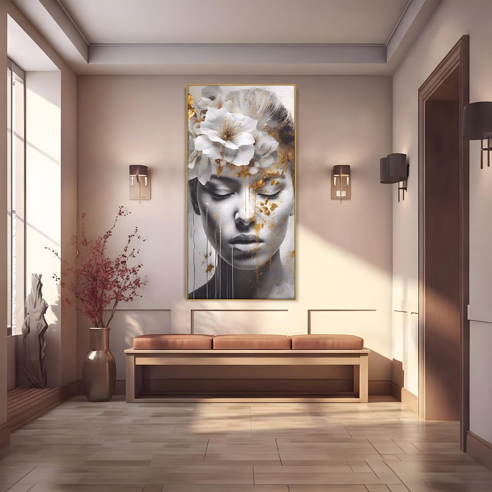 Tablou Canvas Premium LuxCanva® A1467, Chip Infloritor , Living, Fata, Flori, Linii Aurii, Decorativ, Room, Culori Vibrante