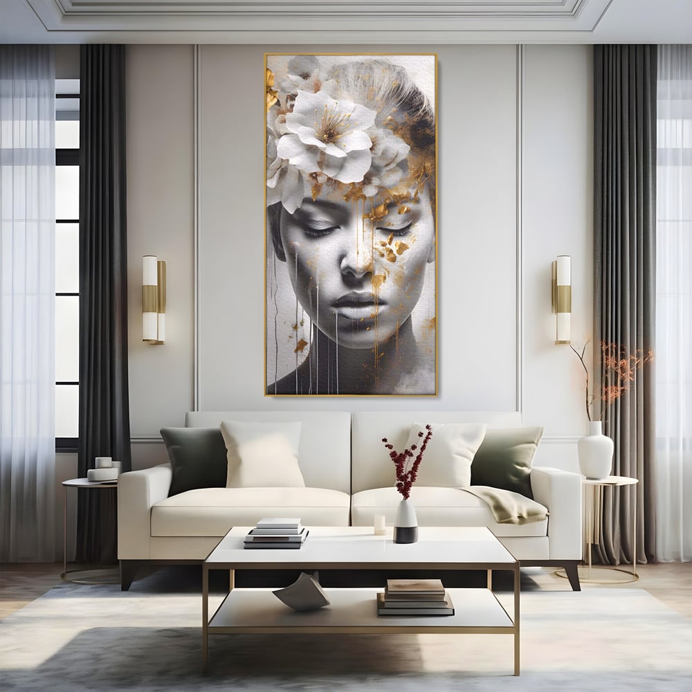 Tablou Canvas Premium LuxCanva® A1467, Chip Infloritor , Living, Fata, Flori, Linii Aurii, Decorativ, Room, Culori Vibrante