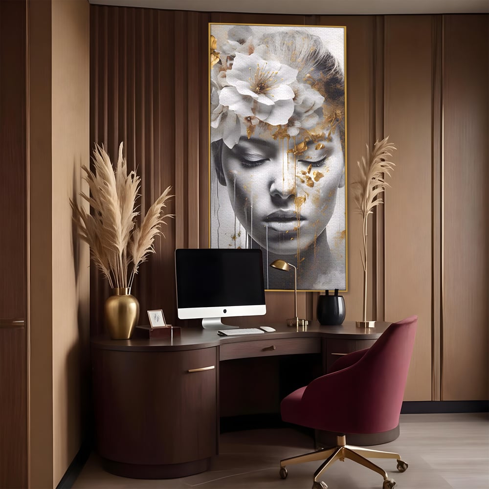 Tablou Canvas Premium LuxCanva® A1467, Chip Infloritor , Living, Fata, Flori, Linii Aurii, Decorativ, Room, Culori Vibrante