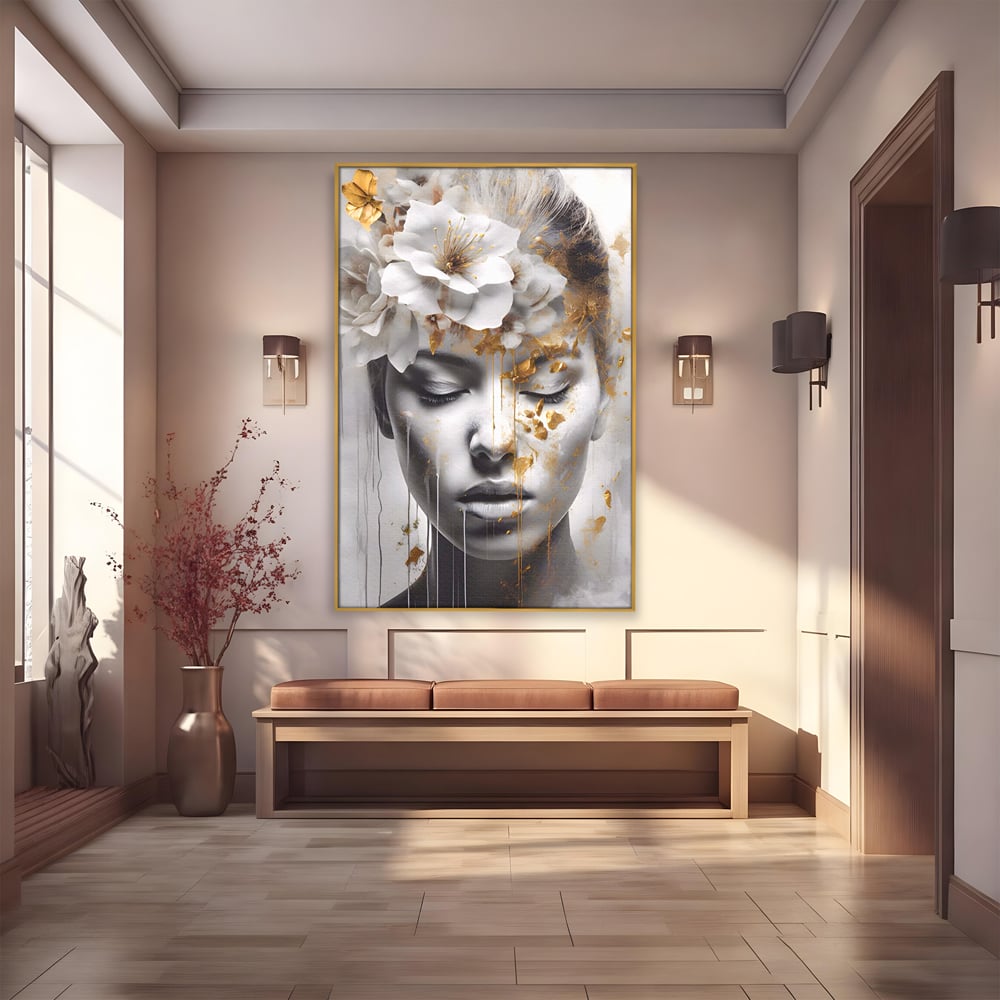 Tablou Canvas Premium LuxCanva® A1467, Chip Infloritor , Living, Fata, Flori, Linii Aurii, Decorativ, Room, Culori Vibrante