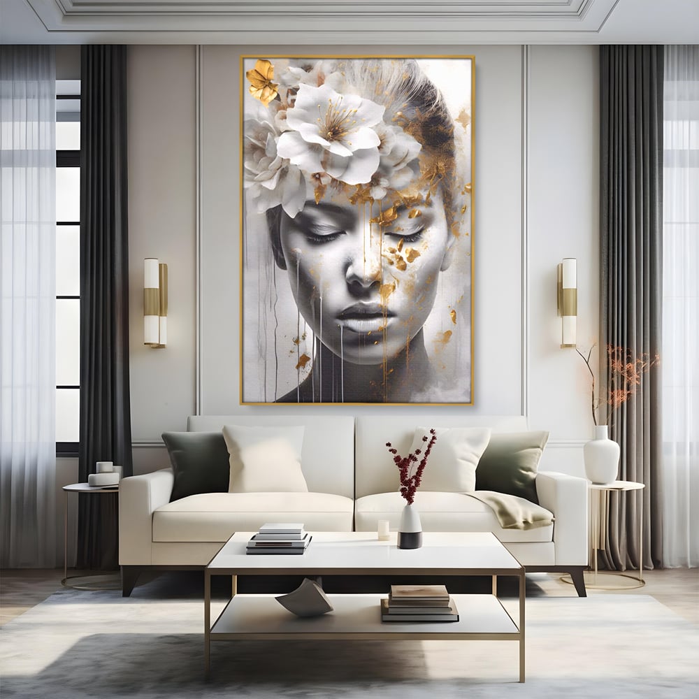 Tablou Canvas Premium LuxCanva® A1467, Chip Infloritor , Living, Fata, Flori, Linii Aurii, Decorativ, Room, Culori Vibrante