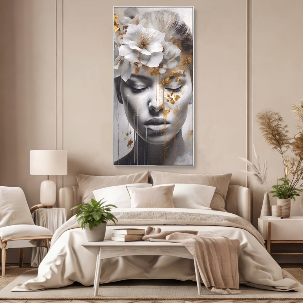 Tablou Canvas Premium LuxCanva® A1467, Chip Infloritor , Living, Fata, Flori, Linii Aurii, Decorativ, Room, Culori Vibrante