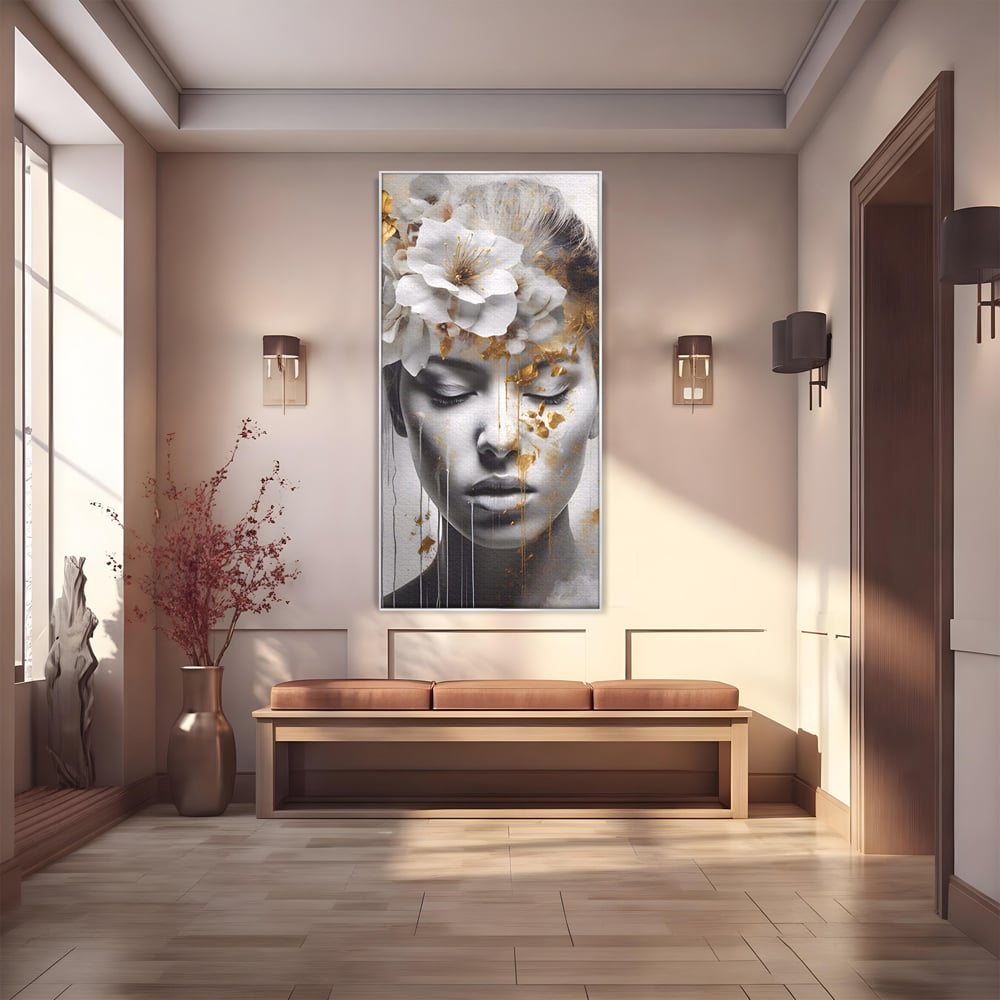 Tablou Canvas Premium LuxCanva® A1467, Chip Infloritor , Living, Fata, Flori, Linii Aurii, Decorativ, Room, Culori Vibrante