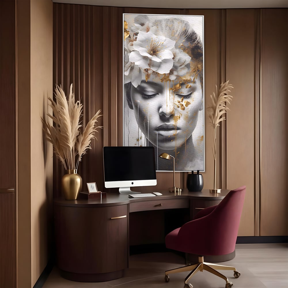Tablou Canvas Premium LuxCanva® A1467, Chip Infloritor , Living, Fata, Flori, Linii Aurii, Decorativ, Room, Culori Vibrante