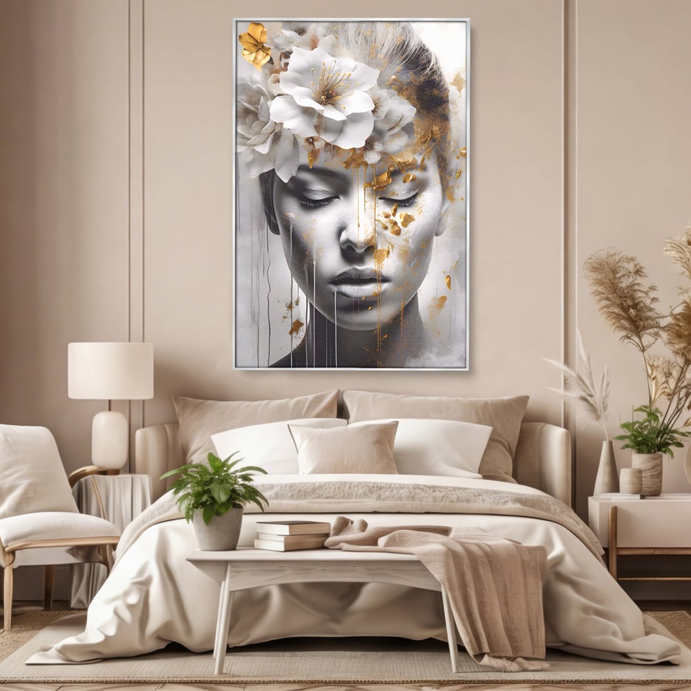 Tablou Canvas Premium LuxCanva® A1467, Chip Infloritor , Living, Fata, Flori, Linii Aurii, Decorativ, Room, Culori Vibrante