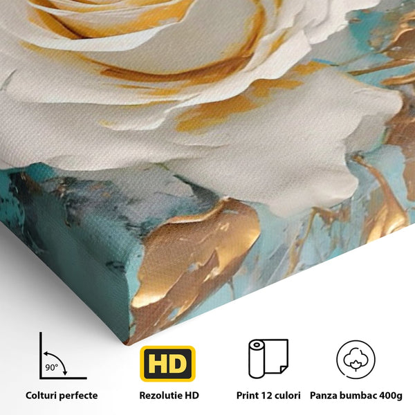 Tablou Canvas Premium LuxCanva® A1469, Trandafirul Alb ,  Room, Floare, Planta, Fir De Aur, Dormitor, Culori Vibrante