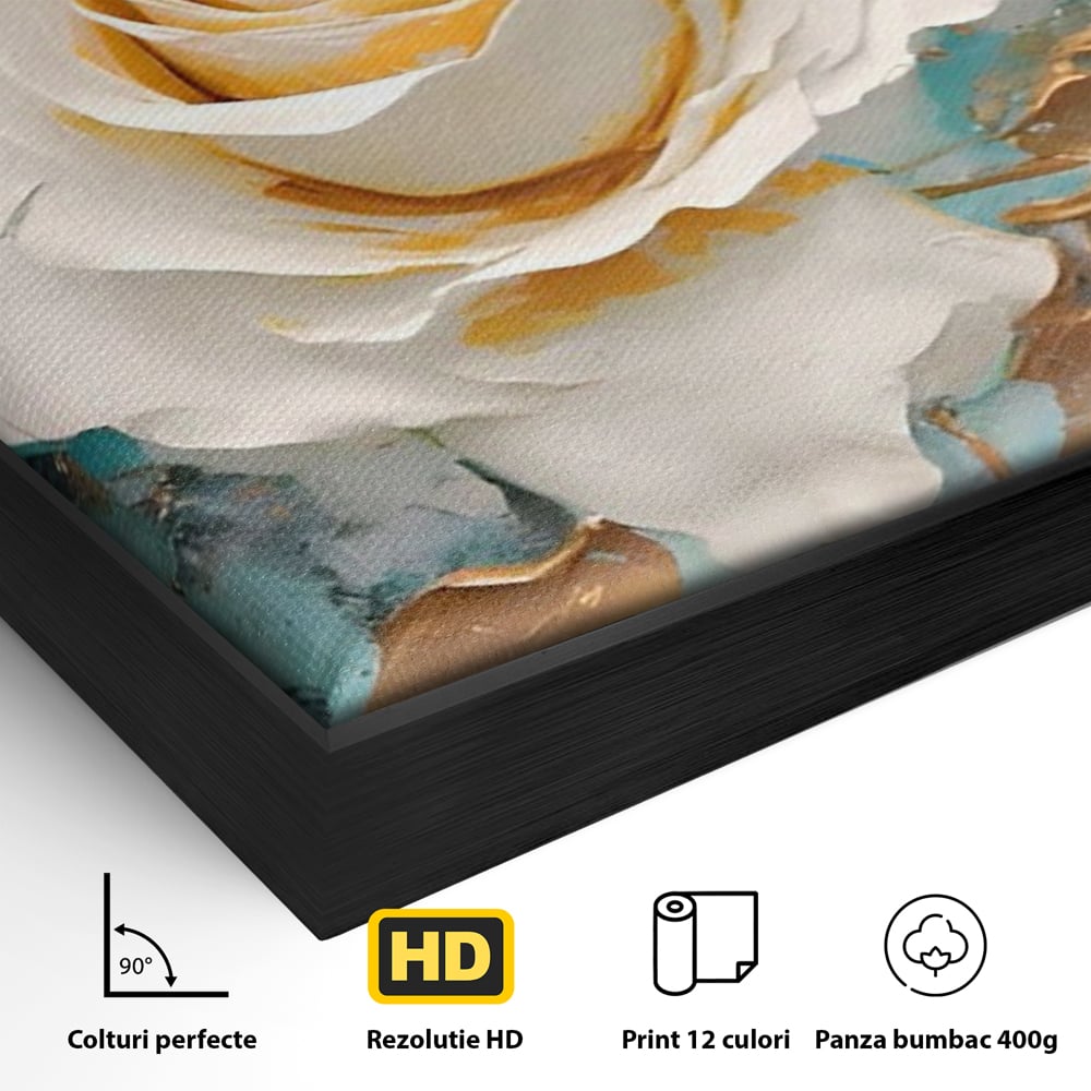 Tablou Canvas Premium LuxCanva® A1469, Trandafirul Alb ,  Room, Floare, Planta, Fir De Aur, Dormitor, Culori Vibrante