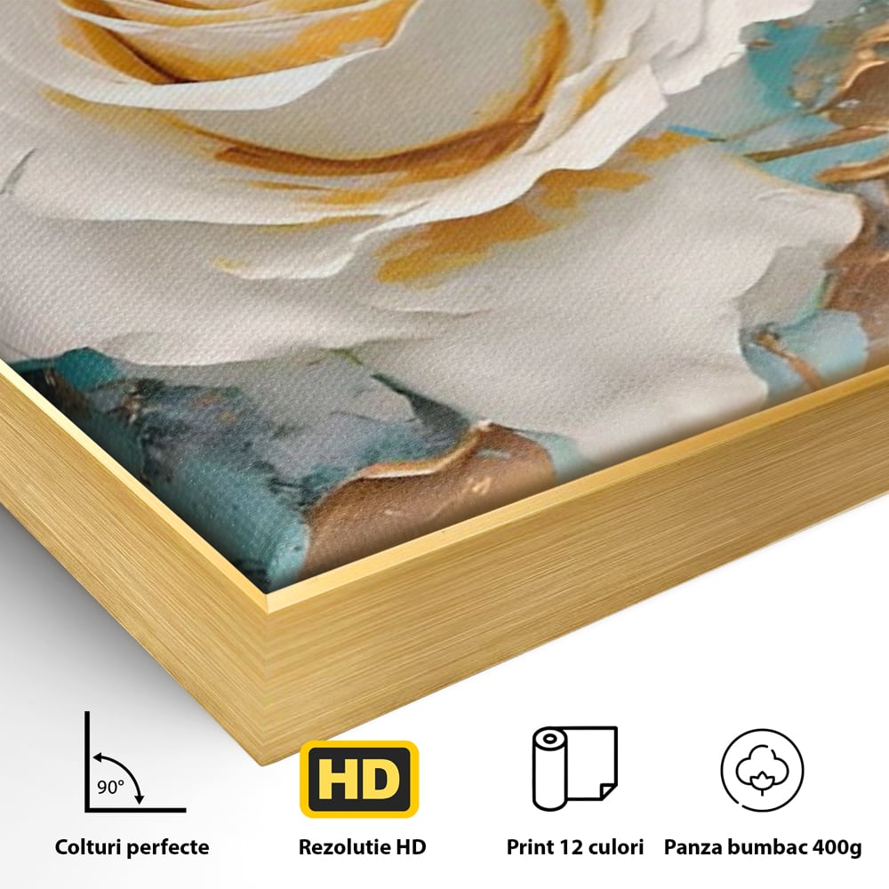 Tablou Canvas Premium LuxCanva® A1469, Trandafirul Alb ,  Room, Floare, Planta, Fir De Aur, Dormitor, Culori Vibrante