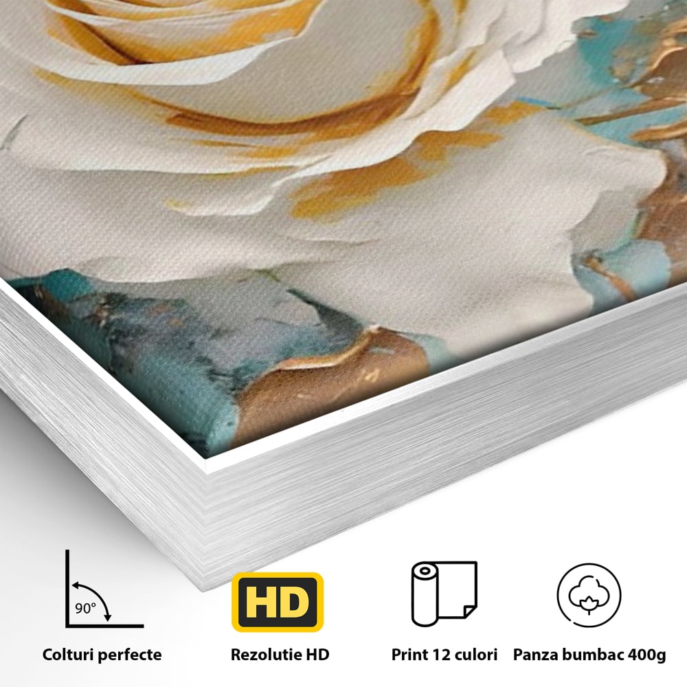 Tablou Canvas Premium LuxCanva® A1469, Trandafirul Alb ,  Room, Floare, Planta, Fir De Aur, Dormitor, Culori Vibrante
