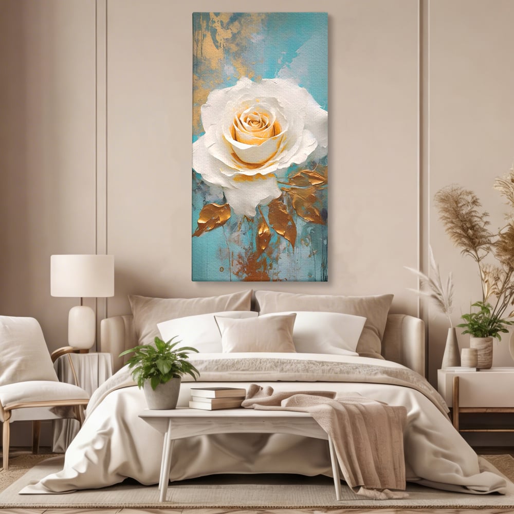 Tablou Canvas Premium LuxCanva® A1469, Trandafirul Alb ,  Room, Floare, Planta, Fir De Aur, Dormitor, Culori Vibrante