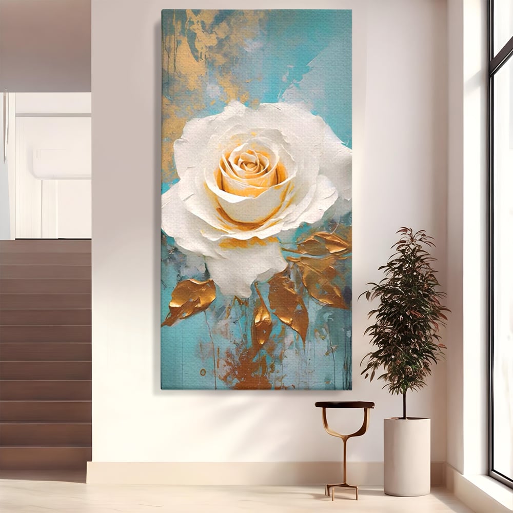 Tablou Canvas Premium LuxCanva® A1469, Trandafirul Alb ,  Room, Floare, Planta, Fir De Aur, Dormitor, Culori Vibrante