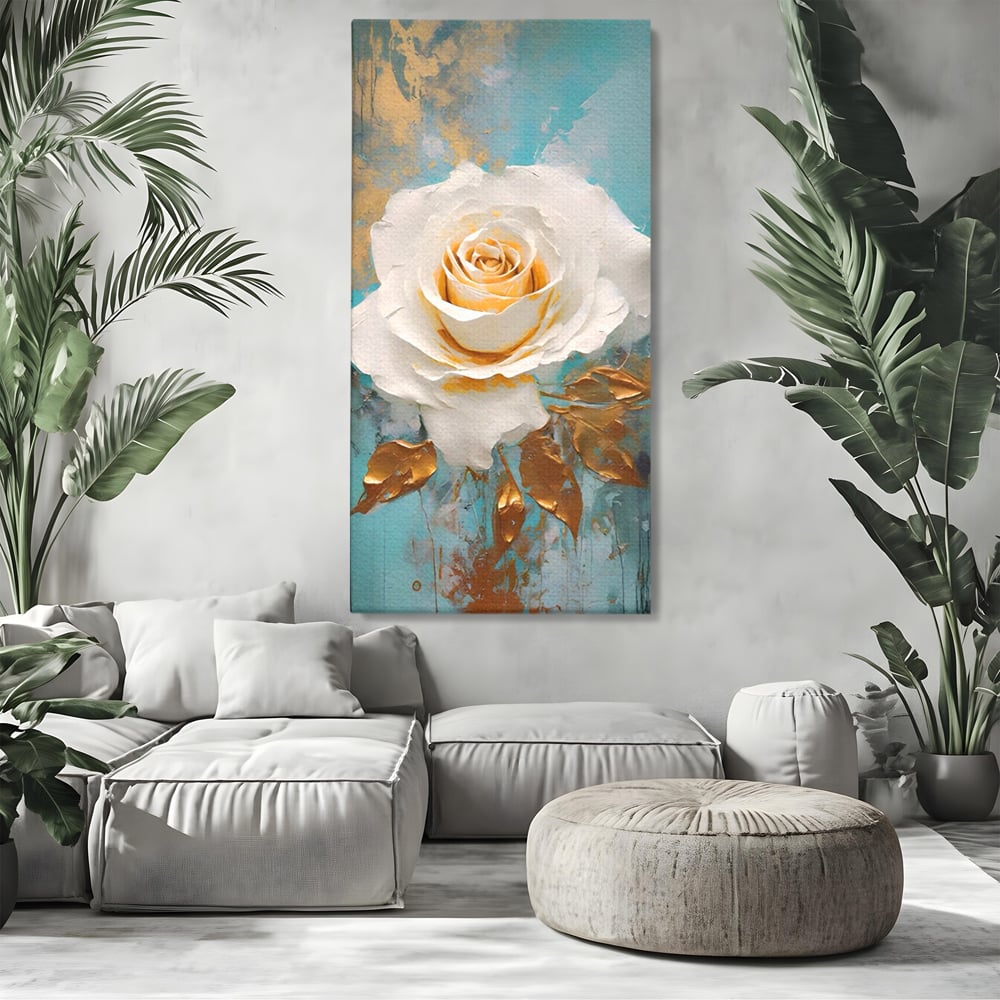 Tablou Canvas Premium LuxCanva® A1469, Trandafirul Alb ,  Room, Floare, Planta, Fir De Aur, Dormitor, Culori Vibrante
