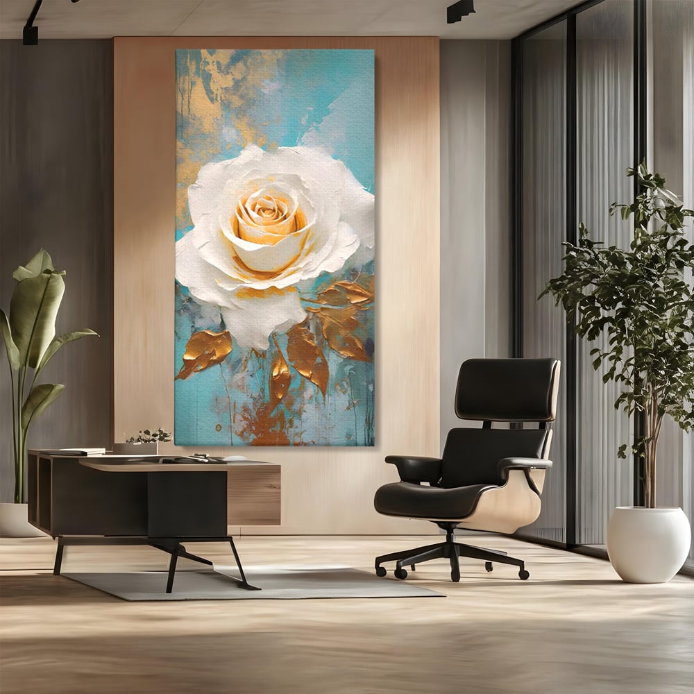 Tablou Canvas Premium LuxCanva® A1469, Trandafirul Alb ,  Room, Floare, Planta, Fir De Aur, Dormitor, Culori Vibrante
