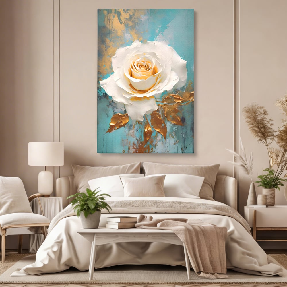 Tablou Canvas Premium LuxCanva® A1469, Trandafirul Alb ,  Room, Floare, Planta, Fir De Aur, Dormitor, Culori Vibrante
