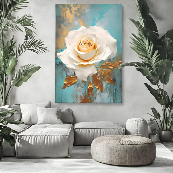 Tablou Canvas Premium LuxCanva® A1469, Trandafirul Alb ,  Room, Floare, Planta, Fir De Aur, Dormitor, Culori Vibrante