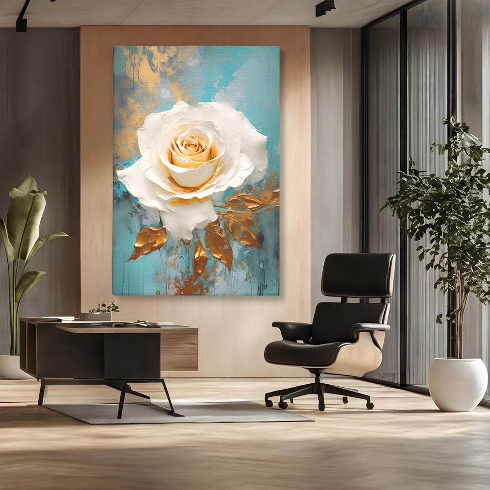 Tablou Canvas Premium LuxCanva® A1469, Trandafirul Alb ,  Room, Floare, Planta, Fir De Aur, Dormitor, Culori Vibrante
