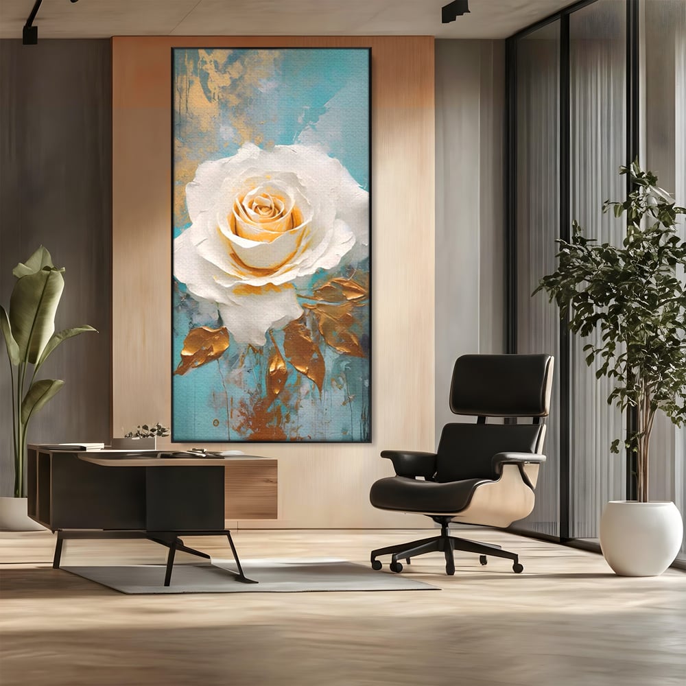 Tablou Canvas Premium LuxCanva® A1469, Trandafirul Alb ,  Room, Floare, Planta, Fir De Aur, Dormitor, Culori Vibrante