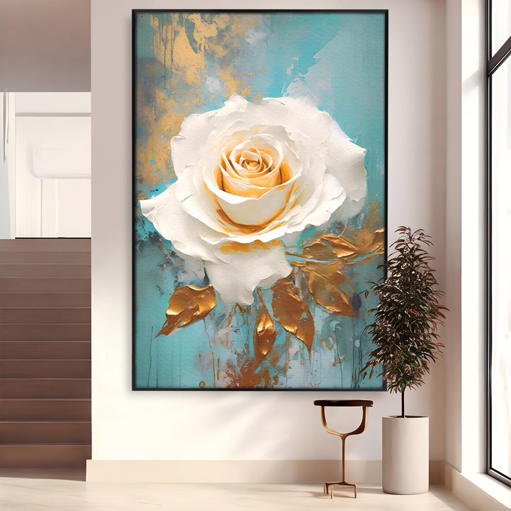Tablou Canvas Premium LuxCanva® A1469, Trandafirul Alb ,  Room, Floare, Planta, Fir De Aur, Dormitor, Culori Vibrante