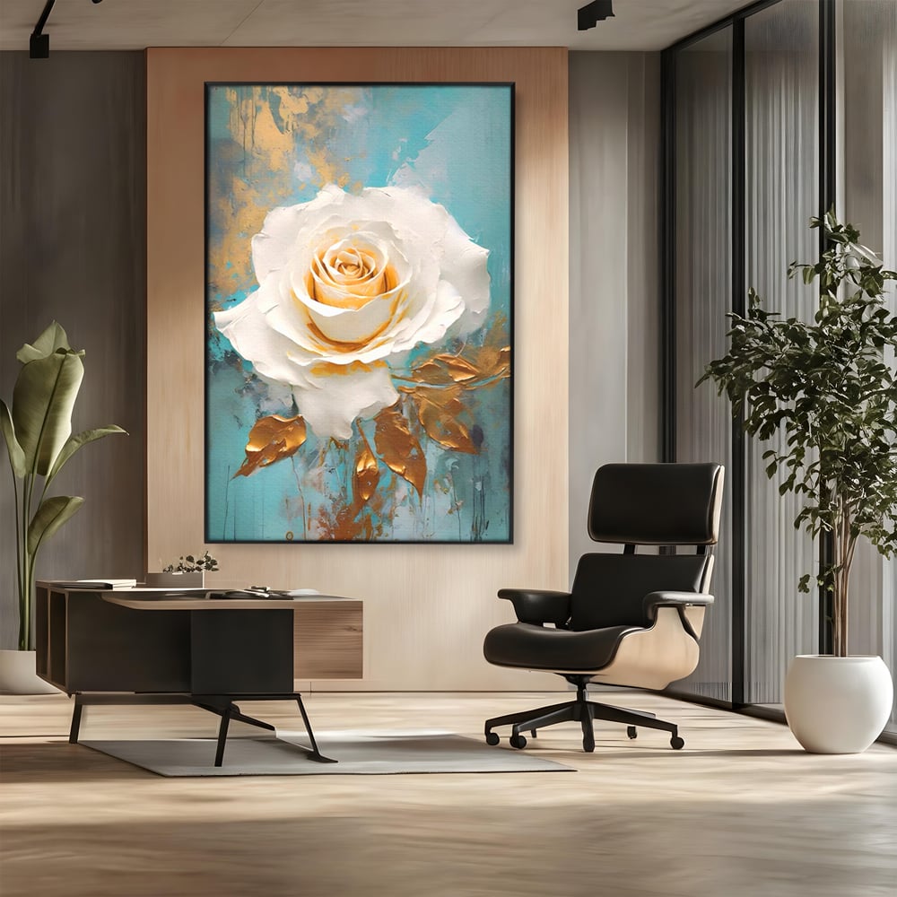 Tablou Canvas Premium LuxCanva® A1469, Trandafirul Alb ,  Room, Floare, Planta, Fir De Aur, Dormitor, Culori Vibrante