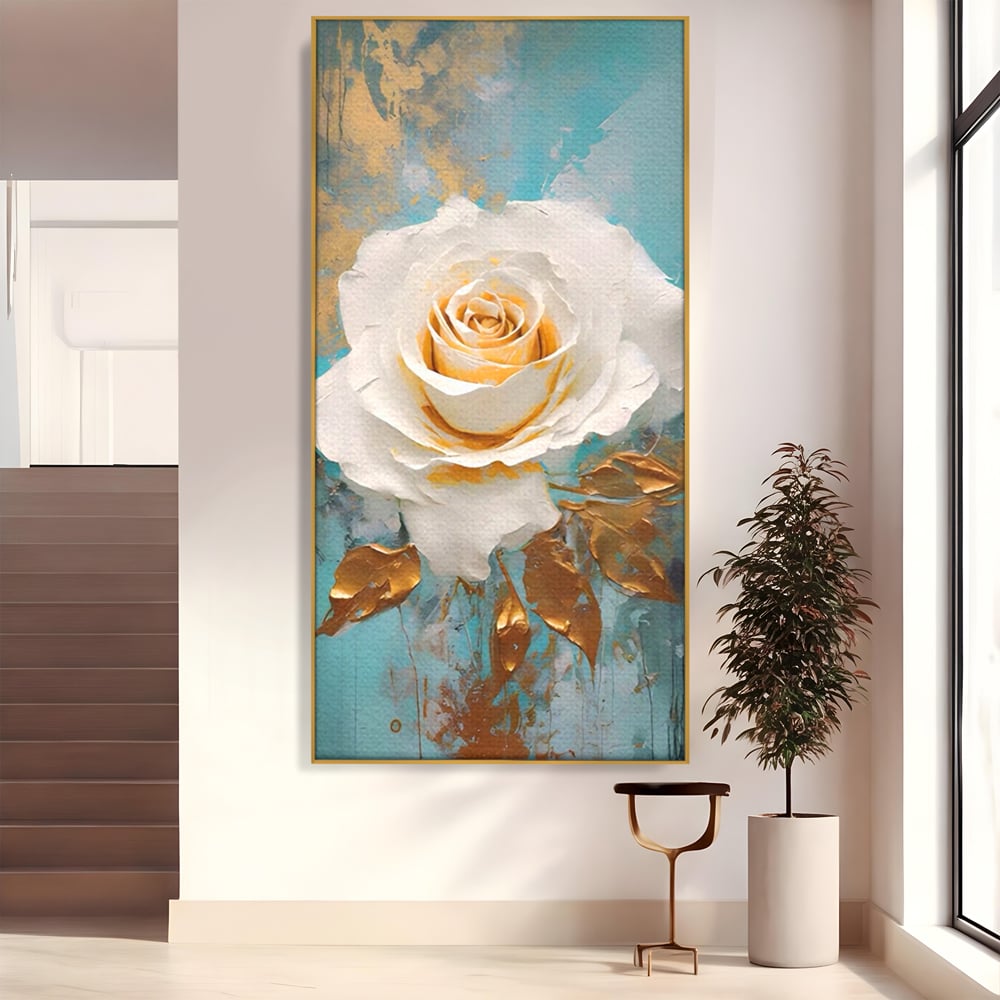 Tablou Canvas Premium LuxCanva® A1469, Trandafirul Alb ,  Room, Floare, Planta, Fir De Aur, Dormitor, Culori Vibrante
