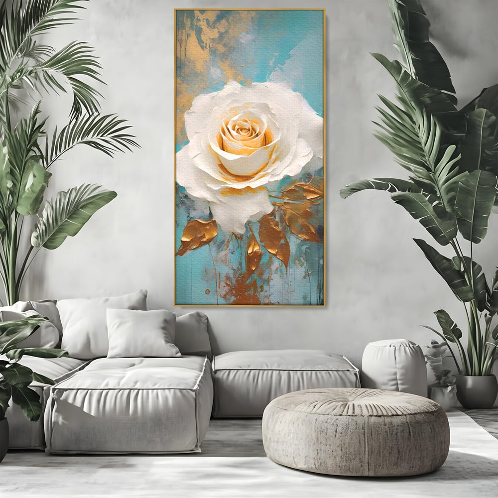 Tablou Canvas Premium LuxCanva® A1469, Trandafirul Alb ,  Room, Floare, Planta, Fir De Aur, Dormitor, Culori Vibrante