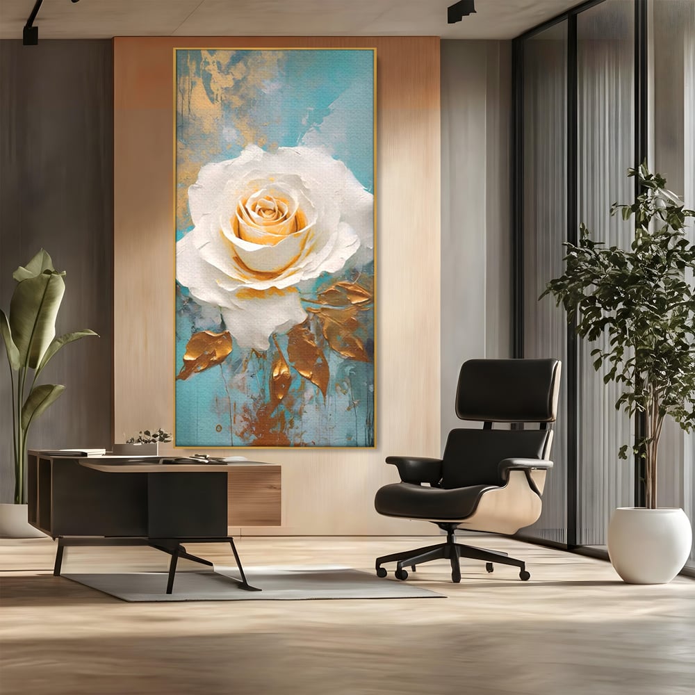 Tablou Canvas Premium LuxCanva® A1469, Trandafirul Alb ,  Room, Floare, Planta, Fir De Aur, Dormitor, Culori Vibrante