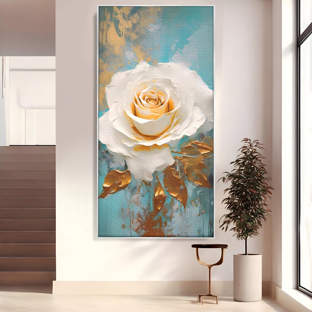 Tablou Canvas Premium LuxCanva® A1469, Trandafirul Alb ,  Room, Floare, Planta, Fir De Aur, Dormitor, Culori Vibrante