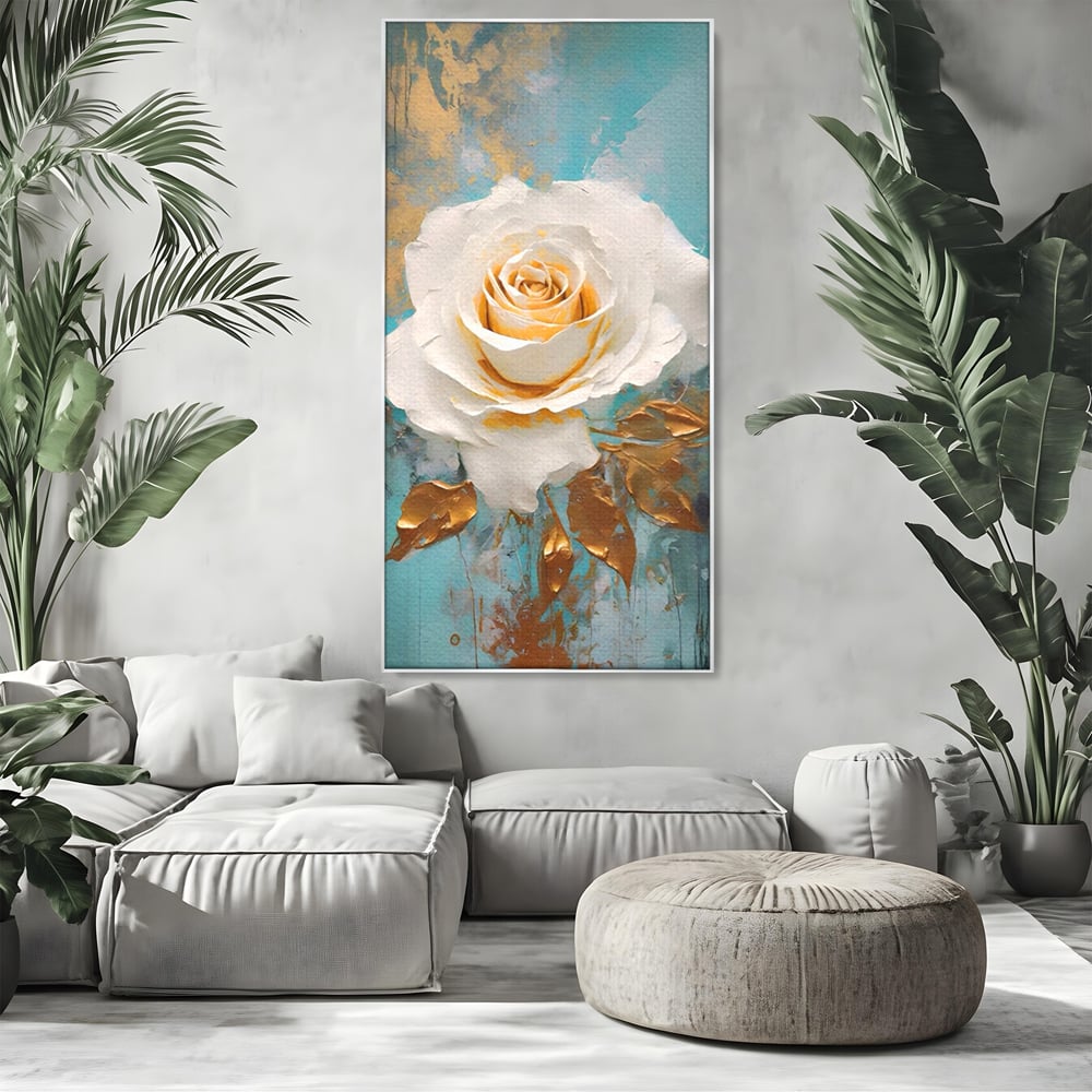 Tablou Canvas Premium LuxCanva® A1469, Trandafirul Alb ,  Room, Floare, Planta, Fir De Aur, Dormitor, Culori Vibrante