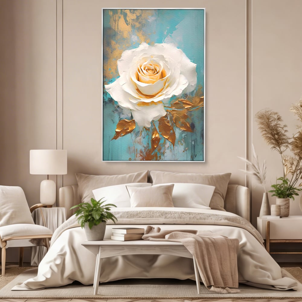 Tablou Canvas Premium LuxCanva® A1469, Trandafirul Alb ,  Room, Floare, Planta, Fir De Aur, Dormitor, Culori Vibrante