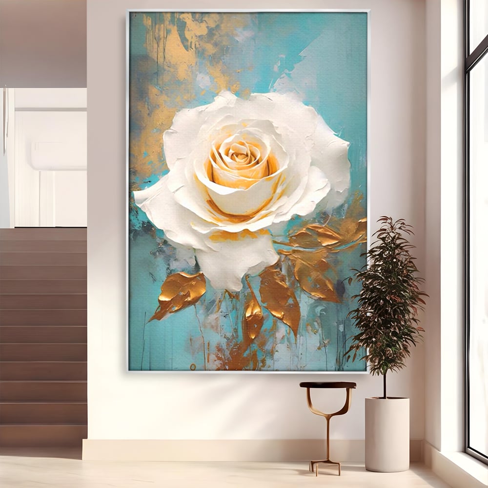 Tablou Canvas Premium LuxCanva® A1469, Trandafirul Alb ,  Room, Floare, Planta, Fir De Aur, Dormitor, Culori Vibrante