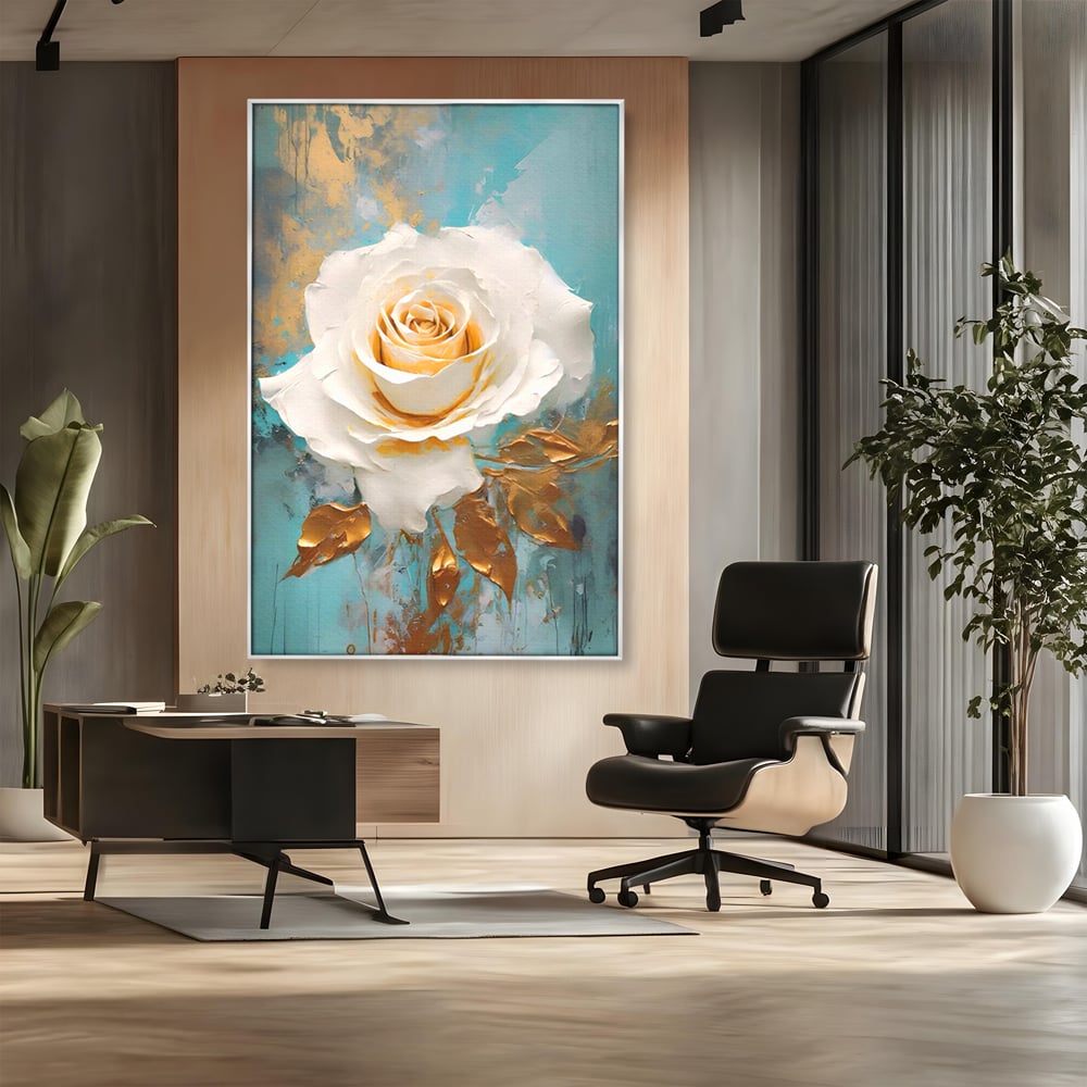 Tablou Canvas Premium LuxCanva® A1469, Trandafirul Alb ,  Room, Floare, Planta, Fir De Aur, Dormitor, Culori Vibrante