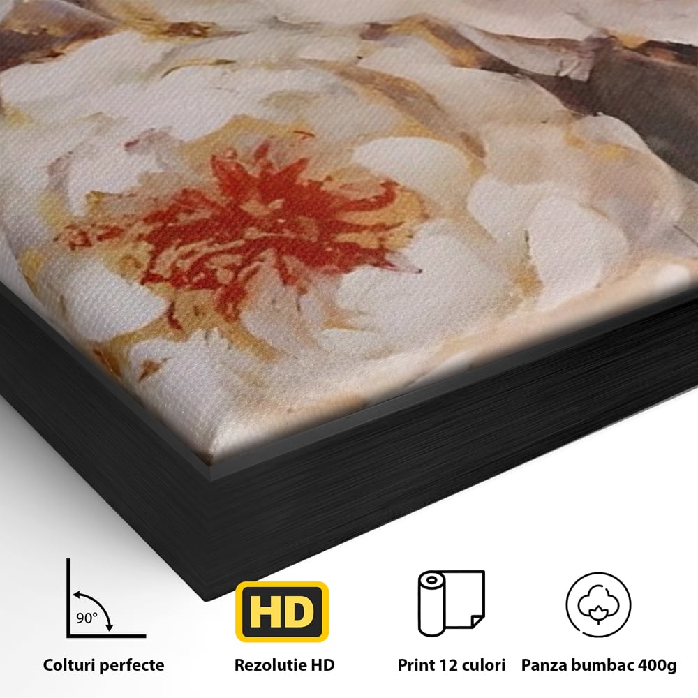 Tablou Canvas Premium LuxCanva® A1471, Textura Florala ,  Room, Planta, Bujor, Alb, Natura, Dormitor, Culori Vibrante