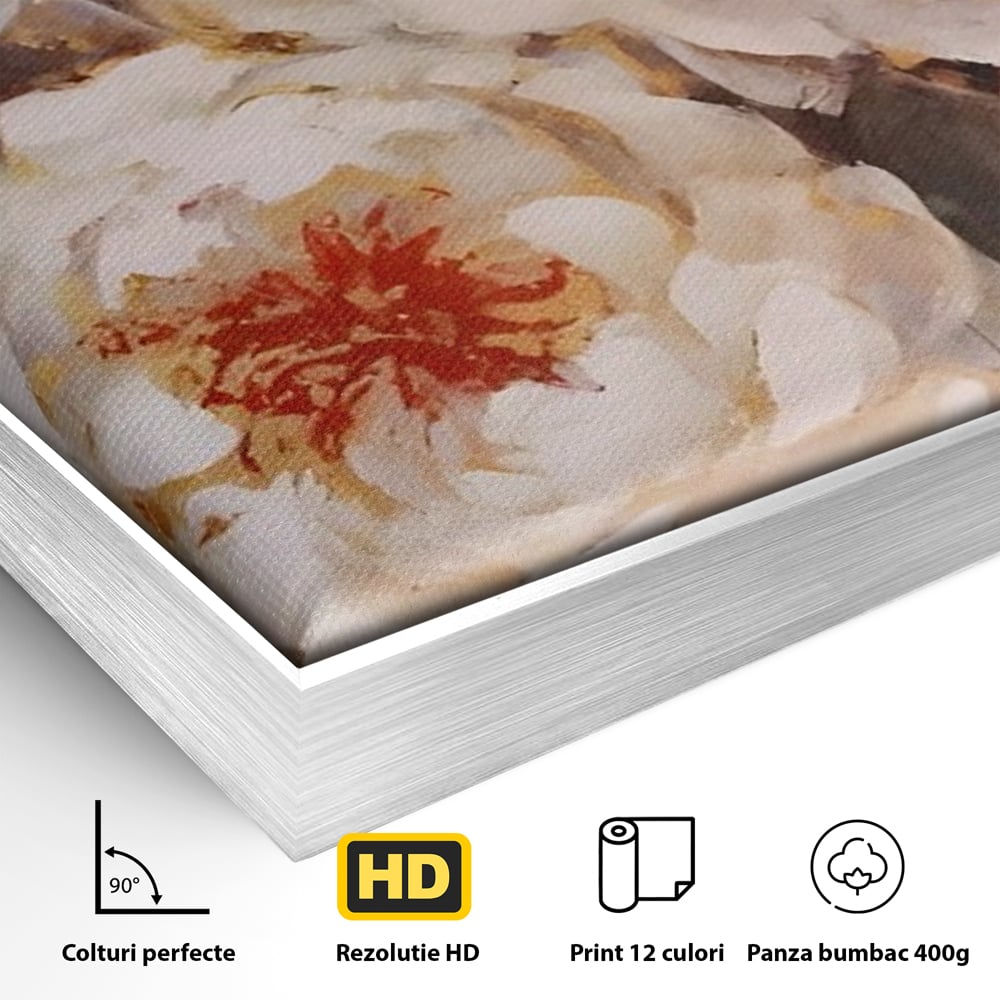 Tablou Canvas Premium LuxCanva® A1471, Textura Florala ,  Room, Planta, Bujor, Alb, Natura, Dormitor, Culori Vibrante
