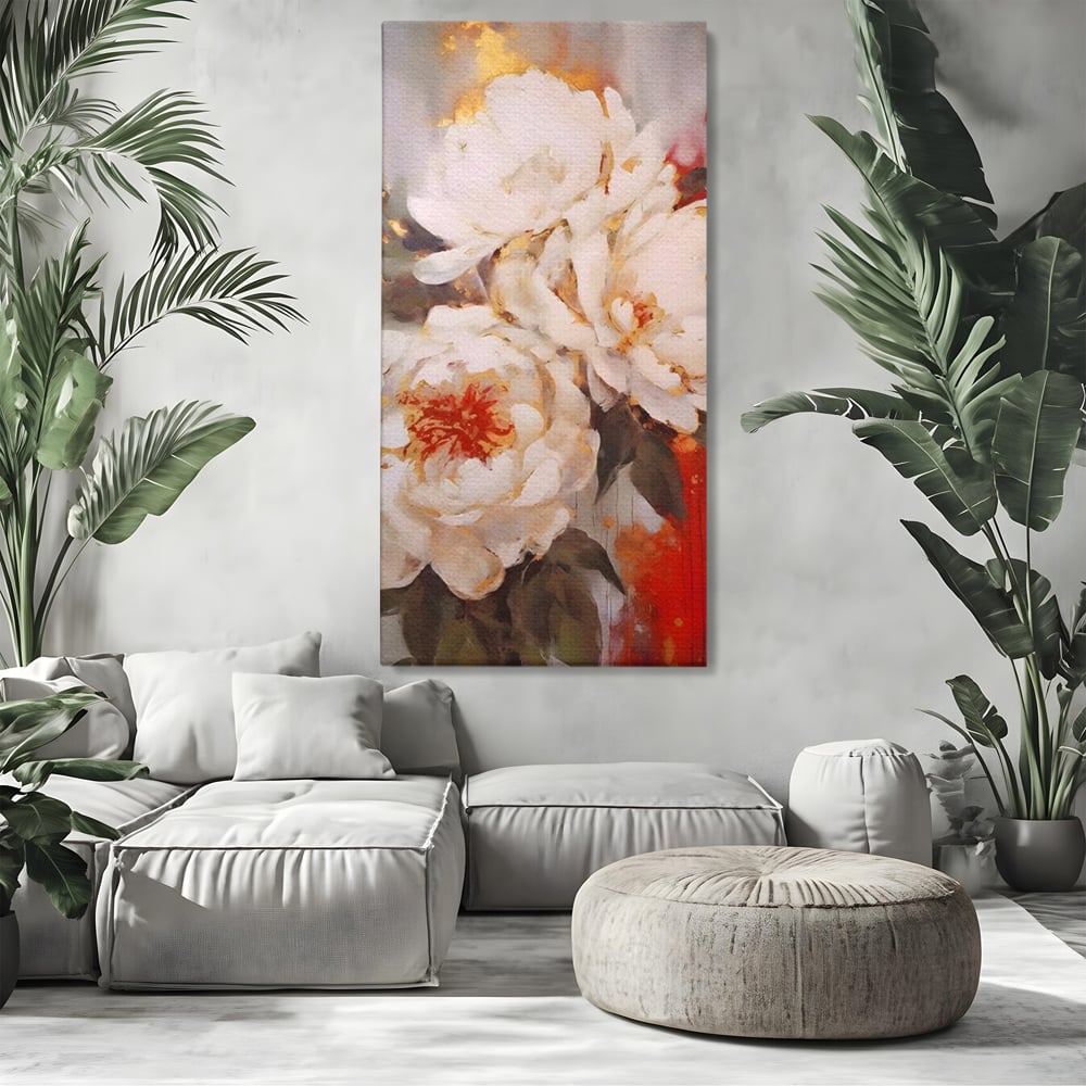 Tablou Canvas Premium LuxCanva® A1471, Textura Florala ,  Room, Planta, Bujor, Alb, Natura, Dormitor, Culori Vibrante