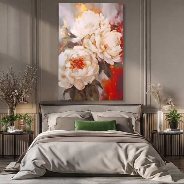 Tablou Canvas Premium LuxCanva® A1471, Textura Florala ,  Room, Planta, Bujor, Alb, Natura, Dormitor, Culori Vibrante