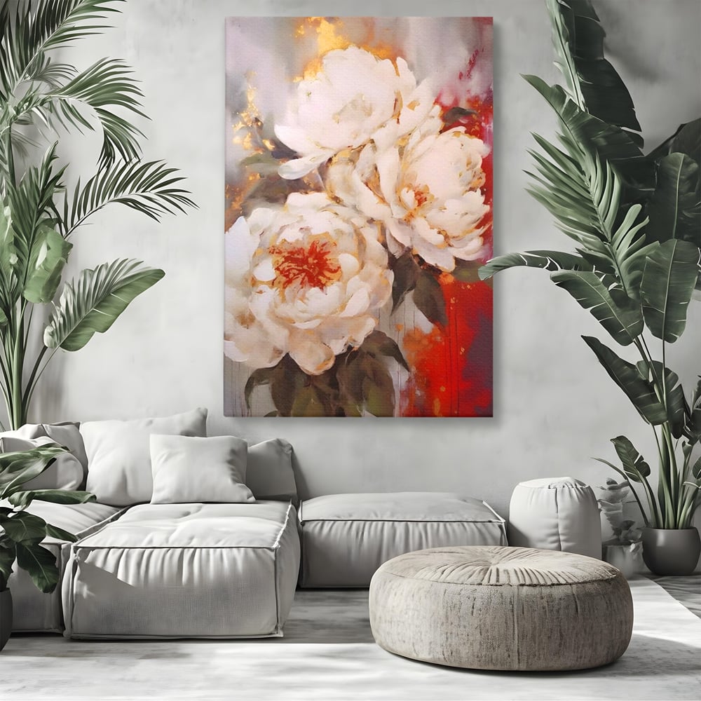 Tablou Canvas Premium LuxCanva® A1471, Textura Florala ,  Room, Planta, Bujor, Alb, Natura, Dormitor, Culori Vibrante