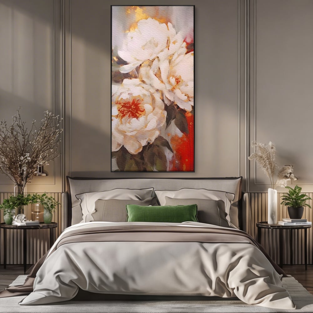 Tablou Canvas Premium LuxCanva® A1471, Textura Florala ,  Room, Planta, Bujor, Alb, Natura, Dormitor, Culori Vibrante