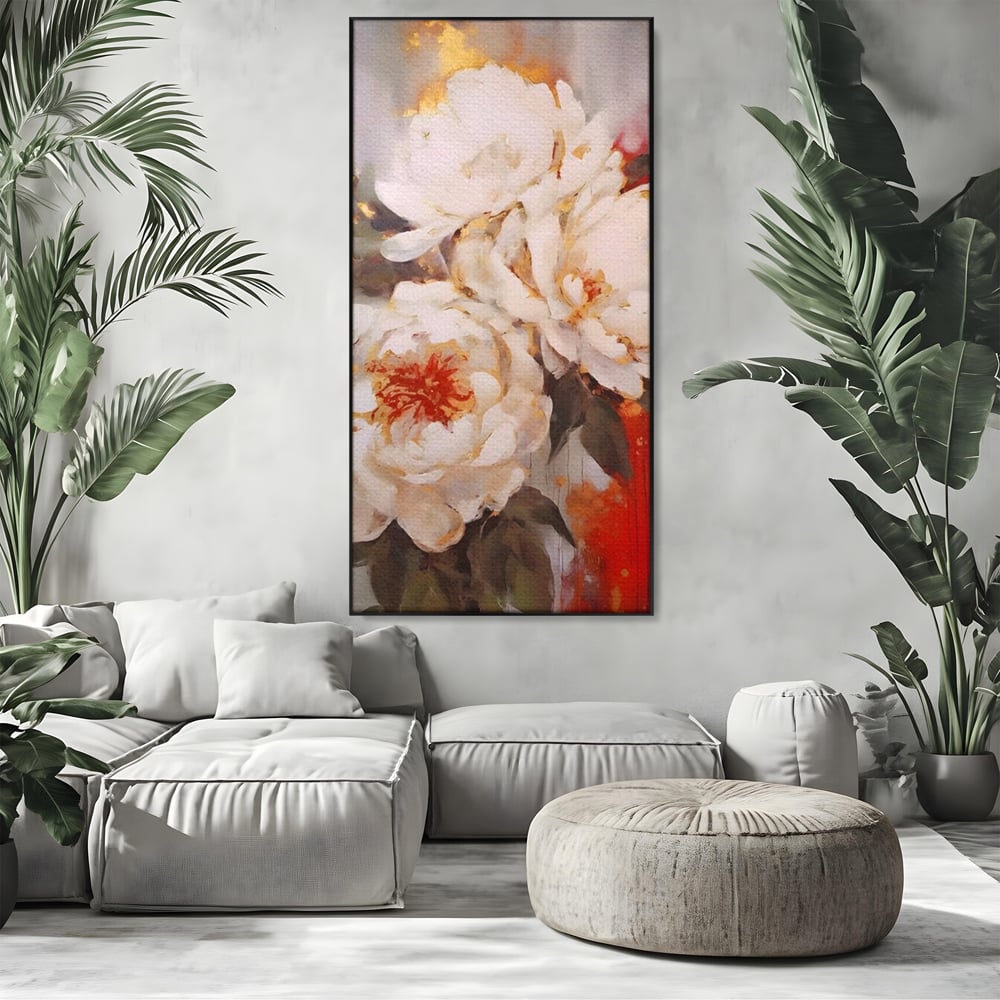 Tablou Canvas Premium LuxCanva® A1471, Textura Florala ,  Room, Planta, Bujor, Alb, Natura, Dormitor, Culori Vibrante