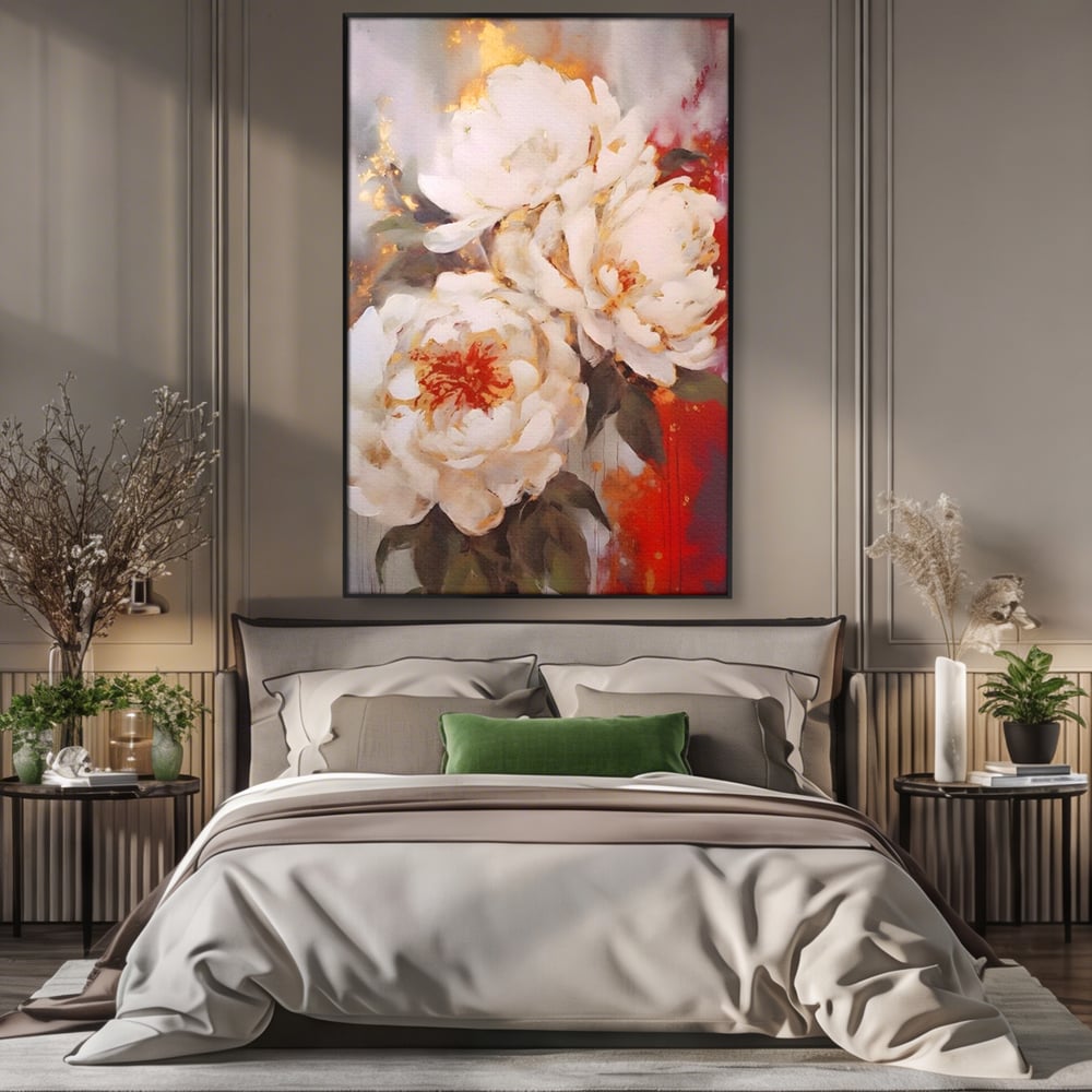 Tablou Canvas Premium LuxCanva® A1471, Textura Florala ,  Room, Planta, Bujor, Alb, Natura, Dormitor, Culori Vibrante