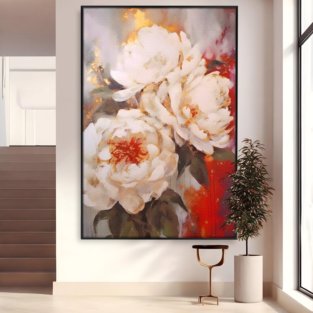 Tablou Canvas Premium LuxCanva® A1471, Textura Florala ,  Room, Planta, Bujor, Alb, Natura, Dormitor, Culori Vibrante