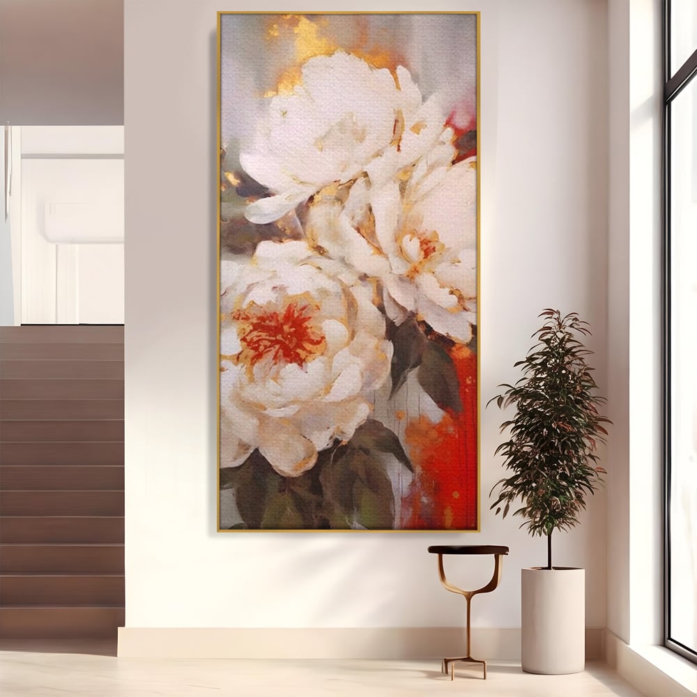 Tablou Canvas Premium LuxCanva® A1471, Textura Florala ,  Room, Planta, Bujor, Alb, Natura, Dormitor, Culori Vibrante